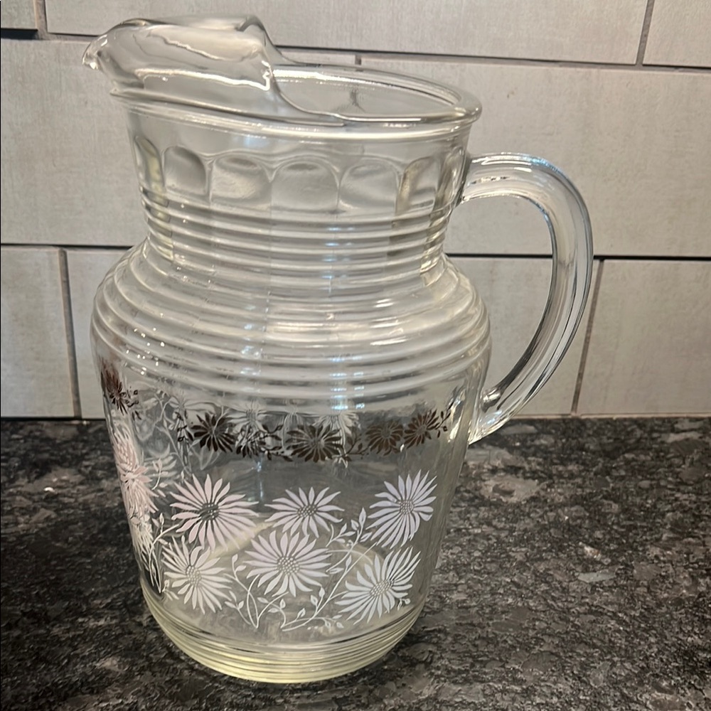 Hazel Atlas Clear Glass Pitcher with white Daisy Design
